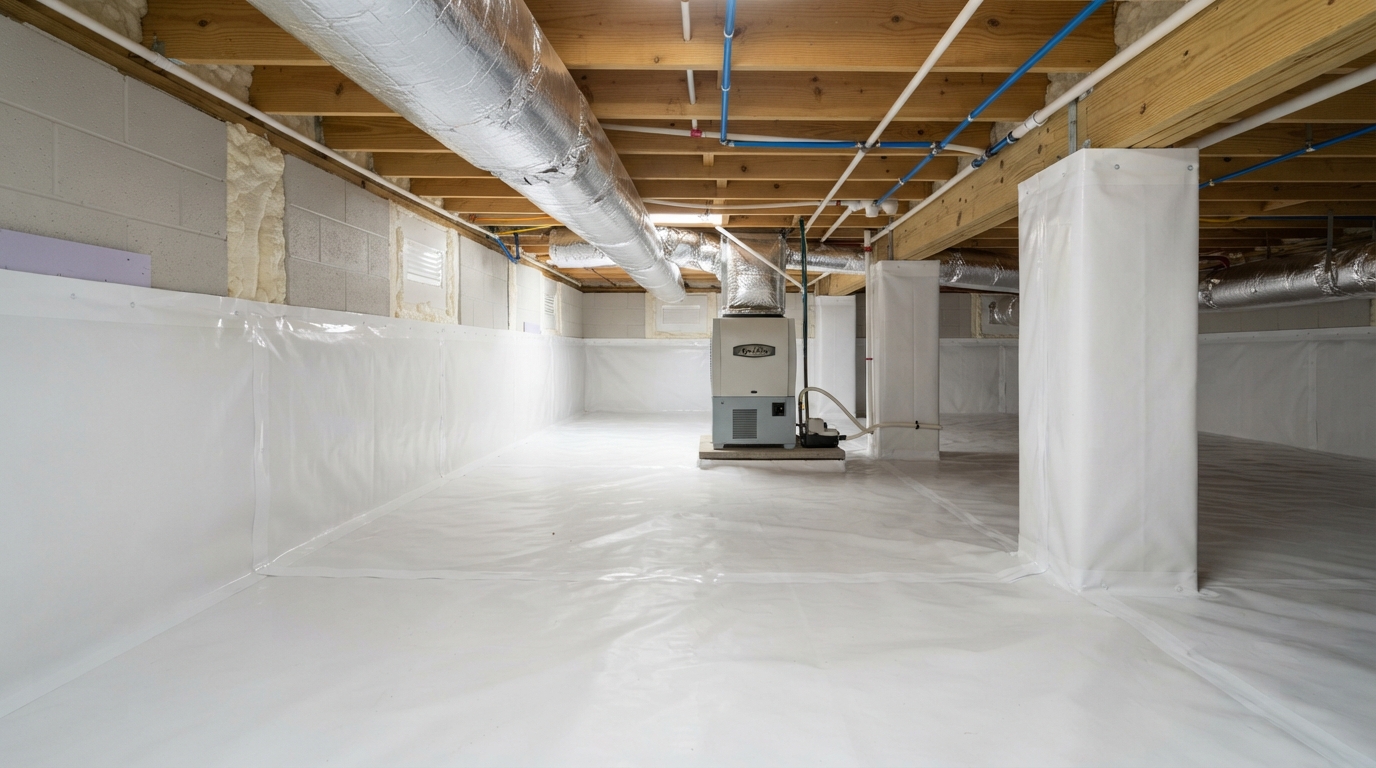 Sealed crawlspace with clean vapor barrier and covered foundation walls