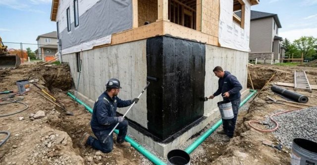 Two views of foundation moisture concerns, including a damp wall and water near a foundation floor